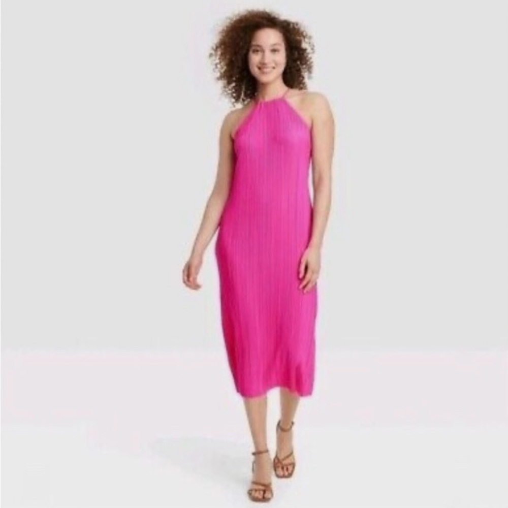 Pliss midi dress in hot pink